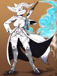  2018 anthro armor bracers brown_background canine clothed clothing cybernetics cyborg digital_media_(artwork) digitigrade dipstick_tail duster_coat female fennec fox gradient_background gun hair hand_on_hip handgun hi_res holding_object holding_weapon inner_ear_fluff looking_at_viewer machine mammal max_blackrabbit multicolored_tail nails pose prosthetic prosthetic_legs ranged_weapon revolver signature simple_background smile solo standing tight_clothing two_tone_tail weapon 