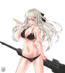  absurdres alternate_costume anti-materiel_rifle ass_visible_through_thighs bangs bikini black_bikini black_bow blush bow breasts commentary_request cowboy_shot food food_on_breasts girls_frontline gomrang groin gun hair_between_eyes hair_ornament hair_ribbon hairclip highres holding holding_food holding_gun holding_weapon iws-2000_(girls_frontline) long_hair looking_at_viewer navel open_mouth popsicle red_eyes ribbon rifle sidelocks signature silver_hair sniper_rifle solo steyr_iws_2000 stomach swimsuit thighs weapon 
