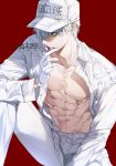  abs artist_name baseball_cap black_eyes blood chest clothes_writing collarbone collared_shirt finger_to_mouth gloves hair_over_one_eye hat hataraku_saibou male_focus open_clothes open_shirt pants red_background shirt shirtless sitting solo sukja u-1146 uniform white_blood_cell_(hataraku_saibou) white_gloves white_hair white_pants white_shirt 