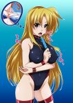  2girls blonde_hair blue_background blue_dress blush breasts covered_navel covered_nipples dress fate_testarossa food gradient gradient_background groin highres large_breasts leotard looking_at_viewer lyrical_nanoha mahou_shoujo_lyrical_nanoha_strikers multiple_girls nipples open_mouth popsicle red_eyes saliva simple_background takamachi_nanoha tappa_(esperanza) 