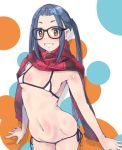  bikini black-framed_eyewear blue_hair breasts brown_eyes commentary cowboy_shot glasses grin highres leaning_forward long_hair looking_at_viewer micro_bikini multicolored multicolored_polka_dots navel nenchi oogaki_chiaki plaid plaid_scarf polka_dot polka_dot_background red_scarf scarf small_breasts smile solo standing swimsuit thick_eyebrows twintails white_bikini yurucamp 