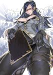  absurdres black-framed_eyewear black_gloves black_hair breasts clipboard commentary_request from_below frown glasses gloves granblue_fantasy highres large_breasts long_hair looking_down priest_producer_(granblue_fantasy) solo sweatdrop thick_thighs thighs translation_request zunta 