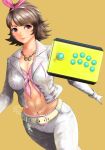  arcade_stick belt bikini_top black_hair breasts commentary_request controller eyebrows_visible_through_hair front-tie_top game_controller gloves hairband jacket jewelry josie_rizal joystick large_breasts loose_belt navel necklace open_clothes open_jacket oreoreon pants purple_eyes short_hair solo tekken tekken_7 toned 