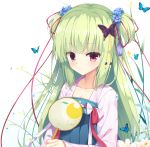 bangs blue_flower blush bug butterfly butterfly_hair_ornament cariboy chinese_clothes closed_mouth collarbone commentary_request eyebrows_visible_through_hair fan flower green_hair hair_flower hair_ornament hair_ribbon hanfu high-waist_skirt holding insect long_hair long_sleeves murasame_(senren) paper_fan red_eyes red_ribbon ribbon senren_banka skirt smile solo two_side_up very_long_hair water_drop white_background white_flower 