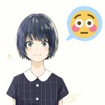  1girl :i blue_eyes blue_hair blush closed_mouth collared_shirt dated emoji eyebrows_visible_through_hair highres original sako_(user_ndpz5754) shirt short_hair signature simple_background solo upper_body white_background wide-eyed 