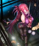  ass breasts bug covered_nipples curvy detached_sleeves gloves graffiti hair_ornament hairclip highres insect large_breasts licking long_hair long_tongue moth pink_eyes ponytail red_hair sewer sewer_grate skin_tight solo taimanin_(series) taimanin_asagi taimanin_asagi_kessen_arena tongue tongue_out very_long_hair yanagi_rokuho yuuji_(and) 