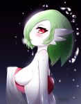  1girl absurdres akatori_(redbird) areola_slip areolae artist_name blue_background blush breasts breath creatures_(company) dated female from_side game_freak gardevoir gen_3_pokemon gradient gradient_background green_hair hair_over_one_eye half-closed_eyes highres looking_at_viewer looking_to_the_side medium_breasts nintendo no_humans nude open_mouth pokemon pokemon_(creature) profile red_eyes see-through shiny shiny_hair shiny_skin short_hair simple_background solo towel twitter_username upper_body water watermark wet wet_hair white_skin 