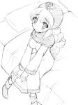  bed blush breasts commentary_request curly_hair dragon_quest dragon_quest_ii dress emblem graphite_(medium) hat hood hood_up kichijou_agata long_hair looking_at_viewer medium_breasts monochrome princess princess_of_moonbrook robe solo traditional_media white_dress white_robe 