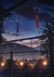  cloud cola_(gotouryouta) commentary_request fence highres hook lantern mountain night night_sky no_humans original outdoors power_lines scenery sky star_(sky) starry_sky town transmission_tower tree wind_chime wind_chime_focus wooden_fence 