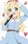  1girl :3 :d aqua_eyes blonde_hair blush bow eyebrows_visible_through_hair hair_bow heart highres himesaka_noa liyocafe long_hair looking_at_viewer microphone open_mouth ponytail smile solo v watashi_ni_tenshi_ga_maiorita! white_background 