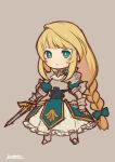 armor armored_dress blue_bow blue_dress boots bow braid breastplate bright_pupils chibi closed_mouth dress eyebrows_visible_through_hair gauntlets green_eyes grey_background hair_bow highres holding holding_sword holding_weapon kotatsu_(g-rough) long_hair looking_at_viewer original pauldrons signature simple_background single_braid sketch solo standing sword very_long_hair weapon 