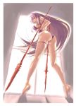  ass backlighting bangs barefoot black_swimsuit breasts brown_eyes brown_hair fate/grand_order fate_(series) full_body highres holding holding_weapon kneepits large_breasts leaning_forward legs long_hair long_legs looking_at_viewer looking_back nenchi one-piece_swimsuit open_mouth polearm scathach_(fate)_(all) scathach_(swimsuit_assassin)_(fate) solo spear standing swimsuit thigh_strap tiptoes very_long_hair weapon 