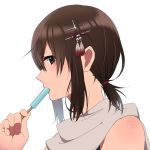  alternate_hairstyle bad_id bad_twitter_id bare_shoulders brown_eyes brown_hair food from_side hair_ornament hair_tie holding kantai_collection looking_at_viewer looking_to_the_side low_ponytail popsicle profile rinto_(rint_rnt) scarf sendai_(kantai_collection) solo sweat upper_body white_scarf 