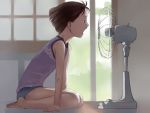  backlighting barefoot brown_eyes brown_hair chinese_commentary commentary_request day electric_fan fan_speaking fanning_face from_side full_body highres hot indoors kneeling muted_color open_mouth original partial_commentary profile shade shirt short_hair short_shorts shorts sleeveless sleeveless_shirt solo summer takamichi 