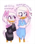  &lt;3 2018 anthro avian bird blush child clothed clothing cub cute dialogue duck ducktales duo embarrassed english_text excited feathers female female/female gradient_background grin hair hair_bow hair_ribbon hi_res lena_(ducktales) nervous ribbons simple_background smile soup_du_silence sweat teenager text webby_vanderquack white_background white_feathers young 