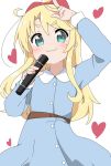  1girl :3 aqua_eyes blonde_hair blush bow eyebrows_visible_through_hair hair_bow heart highres himesaka_noa liyocafe long_hair looking_at_viewer microphone ponytail solo v watashi_ni_tenshi_ga_maiorita! white_background 