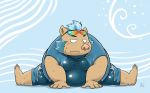  2018 akaji_(artist) anthro belly boar clothing eyewear gouryou humanoid_hands male mammal mohawk moobs overweight overweight_male porcine sitting solo sunglasses tight_clothing tokyo_afterschool_summoners 