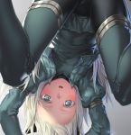  arms_up black_legwear blonde_hair blue_eyes commentary_request cropped_jacket from_below green_jacket green_skirt h_kasei jacket kantai_collection long_hair long_sleeves looking_at_viewer military military_uniform miniskirt open_clothes open_jacket open_mouth pantyhose pleated_skirt puffy_sleeves skirt solo u-511_(kantai_collection) uniform upper_body upside-down 