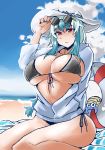  :&lt; beach bikini bikini_under_clothes blue_hair breasts cleavage cloud commentary_request curvy day eyebrows_visible_through_hair eyewear_on_head hat heiseikorotaisei huge_breasts kamishirasawa_keine lifebuoy long_hair looking_at_viewer ocean omanyte open_clothes open_shirt pokemon pokemon_(creature) ponytail red_eyes sand shell side-tie_bikini swimsuit thighs touhou towel 