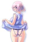  artist_name ass bangs black-framed_eyewear blue_dress checkered checkered_dress cowboy_shot dated dress fate/grand_order fate_(series) from_behind glasses grey_hair highres lifted_by_self looking_at_viewer looking_back mash_kyrielight nenchi open_mouth purple_eyes short_dress short_hair signature simple_background skirt skirt_lift sleeveless sleeveless_dress smile solo standing swimsuit swimsuit_under_clothes thigh_gap wet white_background white_swimsuit 