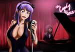  blush bow bowtie breasts cleavage dagashi_kashi dress emo-tan endou_saya flower formal hair_ornament hairband hairclip hand_on_hip instrument large_breasts long_hair looking_at_viewer microphone multiple_girls open_mouth piano purple_hair shidare_hotaru short_hair stage_curtains suit 