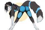  anthro barefoot bent_over black_hair border_collie bra breasts butt_focus canine chloe_(abananaman) clothed clothing collie digital_media_(artwork) dog female firetally flexible hair mammal simple_background smile solo sports_bra standing tight_clothing underwear white_background yellow_eyes yoga_pants 