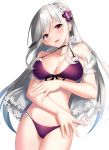  :d azur_lane bangs bare_shoulders bikini black_choker blush breasts choker cleavage cocona collarbone commentary_request cowboy_shot dunkerque_(azur_lane) earrings eyebrows_visible_through_hair flower grey_hair groin hair_flower hair_ornament hairband halterneck head_tilt headdress highres hoop_earrings jewelry large_breasts long_hair looking_at_viewer navel open_mouth pink_eyes ponytail purple_bikini sapphire_(stone) see-through sidelocks simple_background single_earring skindentation smile solo stomach swimsuit thighs white_background 