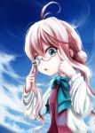  ahoge blue-framed_eyewear blue_eyes blue_sky bow bowtie cloud commentary_request day eyebrows_visible_through_hair glasses green_eyes hair_between_eyes kantai_collection kurona long_hair long_sleeves looking_at_viewer makigumo_(kantai_collection) open_mouth pink_hair semi-rimless_eyewear shirt sky solo under-rim_eyewear white_shirt 