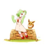  1girl absurdres akatori_(redbird) alternate_hairstyle artist_name bare_shoulders black_eyes blush bow breasts brown_sclera choker collarbone creatures_(company) dated dress eevee eye_contact female full_body game_freak gardevoir gen_1_pokemon gen_3_pokemon grass green_hair green_skin hair_bobbles hair_ornament hair_over_one_eye hands_up highres looking_at_another looking_to_the_side looking_up medium_breasts nintendo no_humans open_mouth outdoors pink_bow pink_dress pokemon pokemon_(creature) red_choker red_footwear shiny shiny_hair shiny_skin shoes short_hair short_twintails simple_background sitting sleeveless sleeveless_dress solo_focus spaghetti_strap tied_hair twintails twitter_username two-tone_skin watermark white_background white_skin 