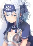  absurdres ainu ainu_clothes bikini bikini_under_clothes black_bikini blue_eyes blue_hair blush breasts commentary_request cropped_jacket dress dyson_(edaokunnsaikouya) embarrassed facial_scar folded_ponytail hair_between_eyes headband highres kamoi_(kantai_collection) kantai_collection large_breasts leaning_forward looking_at_viewer midriff multicolored_hair scar scar_on_cheek see-through short_sleeves sideboob sidelocks simple_background solo swimsuit thick_eyebrows white_background white_dress white_hair 