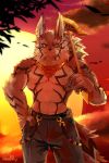 2018 anthro canine clothed clothing digital_media_(artwork) fur male mammal seth_(tas) solo tokyo_afterschool_summoners topless waddledox 