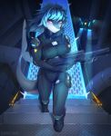  anthro blue_hair bodysuit clothing detailed_background drone female fish grungecandy gun hair holding_object holding_weapon hologram marine monique_(tacodragon) purple_eyes ranged_weapon science_fiction serious shark skinsuit solo tactical_gear tight_clothing weapon 