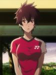  1girl aragaki_nagisa blush breasts brown_hair hanebado! large_breasts mole mole_under_mouth red_eyes shirt short_hair spiky_hair tomboy 