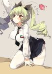  anchovy anglerfish arm_up between_breasts black_neckwear black_skirt breasts chinese_commentary commentary_request curly_hair flying_sweatdrops girls_und_panzer green_hair highres large_breasts leaning_forward leg_up long_hair necktie pantyhose partial_commentary reaching red_eyes ribbon school_uniform sh_(562835932) shirt skirt solo thighband_pantyhose twintails white_legwear white_shirt 