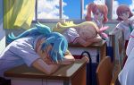  3girls blonde_hair blue_hair blue_sky brother_and_sister brown_hair camembert_chizuko chin_rest classroom day desk food_themed_hair_ornament hair_ornament hairband kirahoshi_ciel kirakira_precure_a_la_mode kuroki_rio long_hair multiple_girls pikario_(precure) pink_eyes ponytail precure school school_uniform siblings sky sleeping spoilers strawberry_hair_ornament twintails usami_ichika 