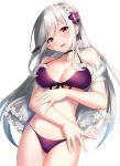  :d azur_lane bangs bare_shoulders bikini black_choker blush breasts choker cleavage cocona collarbone cowboy_shot dunkerque_(azur_lane) earrings eyebrows_visible_through_hair flower grey_hair groin hair_flower hair_ornament hairband halterneck head_tilt headdress highres hoop_earrings jewelry large_breasts long_hair looking_at_viewer navel open_mouth pink_eyes ponytail purple_bikini sapphire_(stone) see-through sidelocks simple_background single_earring skindentation smile solo stomach swimsuit thighs white_background 
