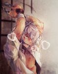  chain chest gloves hair_over_one_eye jewelry kik_miii male_focus octopath_traveler short_hair simple_background smile solo therion_(octopath_traveler) white_hair 