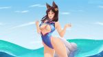  adapted_costume ahri animal_ears bangs beach blue_swimsuit blush breasts brown_hair center_opening clothes_writing cosplay covered_navel d.va_(overwatch) d.va_(overwatch)_(cosplay) day facial_mark flower fox_ears fox_girl fox_tail hair_flower hair_ornament hairclip highleg highleg_swimsuit highres hip_bones large_breasts league_of_legends long_hair looking_at_viewer mole_on_thigh multiple_tails ocean olga_narhova one-piece_swimsuit outdoors overwatch parted_lips red_lips skindentation sky solo swimsuit tail taut_clothes taut_swimsuit twitter_username underboob wading wallpaper water whisker_markings yellow_eyes 