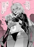  ahoge bangs bikini blush breasts choker cleavage commentary_request cropped_jacket fate/grand_order fate_(series) gloves hips jacket jeanne_d'arc_(alter_swimsuit_berserker) jeanne_d'arc_(fate)_(all) kojima_saya large_breasts long_hair manga_(object) monochrome navel o-ring open_mouth pink_jacket shrug_(clothing) simple_background smile solo_focus swimsuit thighs translation_request very_long_hair 