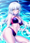  ahoge bare_shoulders bikini black_bikini breasts cleavage commentary_request cowboy_shot fate/grand_order fate_(series) highres jeanne_d'arc_(alter_swimsuit_berserker) jeanne_d'arc_(fate)_(all) large_breasts long_hair looking_at_viewer navel partially_submerged silver_hair sitting solo swimsuit water yellow_eyes yokozuwari zen 