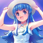  :d armpits blue_background blue_eyes blue_hair eyebrows eyebrows_visible_through_hair hands_on_headwear happinesscharge_precure! hat highres long_hair looking_to_the_side open_mouth precure sayousuke shirayuki_hime smile solo thick_eyebrows upper_body white_hat 
