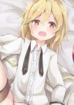  absurdres amano_kouki bangs bed_sheet blonde_hair blush center_frills collared_shirt dutch_angle eyebrows_visible_through_hair frills girls_frontline hair_between_eyes heart heart-shaped_pupils highres long_hair long_sleeves looking_at_viewer lying nagant_revolver_(girls_frontline) on_back open_mouth out-of-frame_censoring red_eyes shirt solo sweat symbol-shaped_pupils white_shirt 