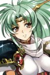  90s angelina_(langrisser) aqua_hair armor bangs breasts brown_eyes cape glint gold_trim green_hair hankuri langrisser long_hair parted_lips pauldrons ponytail simple_background smile solo upper_body white_background 