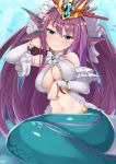  breast_hold mermaid monster_girl open_shirt pointy_ears puzzle_&amp;_dragons tail tinpam 
