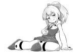  1girl :p arm_support blush female greyscale hood monochrome naughty_face ponytail popporunga rockman rockman_(classic) roll smile solo tongue tongue_out undressing 