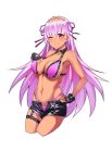  ;) absurdres bangs bare_shoulders bb_(fate)_(all) bb_(swimsuit_mooncancer)_(fate) bikini black_gloves black_shorts blush breasts cleavage closed_mouth covered_nipples cropped_legs eyebrows_visible_through_hair fate/grand_order fate_(series) fingerless_gloves gloves groin gyaru hair_between_eyes hair_ornament hair_ribbon hand_on_hip heart highres large_breasts long_hair looking_at_viewer meng_ge_3_(565571710) navel one_eye_closed open_clothes open_fly open_shorts purple_bikini purple_eyes purple_hair purple_ribbon ribbon short_shorts shorts simple_background smile solo spoken_heart star star_hair_ornament swimsuit tan very_long_hair white_background 