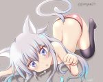  animal_ears ass black_legwear blue_eyes blush cat_ears cat_tail commentary_request eyebrows_visible_through_hair hair_between_eyes hibiki_(kantai_collection) highres kantai_collection kemonomimi_mode long_hair looking_at_viewer no_bra open_mouth panties paw_pose pink_panties silver_hair solo tail tamayan thighhighs topless twitter_username underwear 