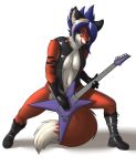  2018 absurd_res anthro boots breasts canine clothing convenient_censorship digital_media_(artwork) ear_piercing electric_guitar facial_piercing fangs female fingerless_gloves footwear fox gloves green_eyes guitar hair hi_res lip_piercing looking_at_viewer mammal musical_instrument open_mouth piercing simple_background skipsy solo white_background 