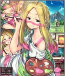  apron blonde_hair blue_eyes bra brown_hair commentary_request e-co long_hair looking_at_viewer matsurika_(pokemon) paint_on_clothes paint_on_face paintbrush painting painting_(object) pokemon pokemon_(game) pokemon_sm ribombee snubbull translation_request underwear 