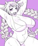  anthro big_breasts bra breasts caprine cleavage clothed clothing ear_piercing female fluffy fur goat hair long_hair looking_at_viewer mammal monochrome navel nzuuure open_mouth panties piercing purple_eyes simple_background standing teeth tongue underwear white_fur wide_hips 